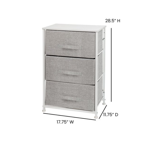 Harris 3 Drawer Wood Top White Cast Iron Frame Vertical Storage Dresser with Light Gray Easy Pull Fabric Drawers