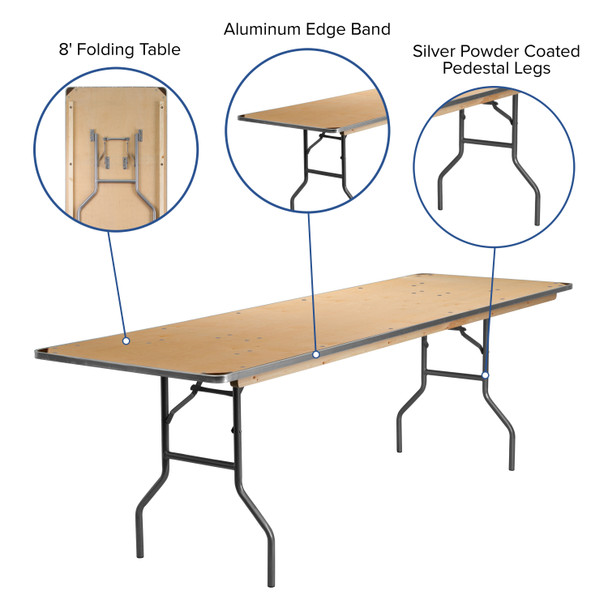 Fielder 8-Foot Rectangular HEAVY DUTY Birchwood Folding Banquet Table with METAL Edges and Protective Corner Guards