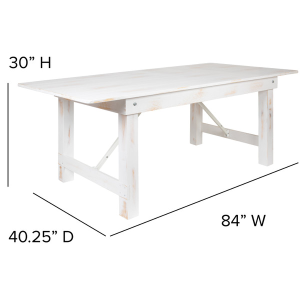 HERCULES Series 7' x 40" Rectangular Antique Rustic White Solid Pine Folding Farm Table