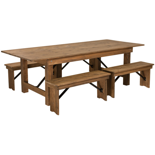 HERCULES Series 8' x 40'' Antique Rustic Folding Farm Table and Four 40.25"L Bench Set