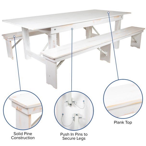 HERCULES Series 8' x 40" Antique Rustic White Folding Farm Table and Two Bench Set