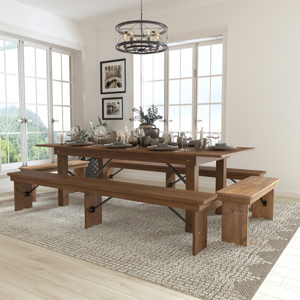 HERCULES Series 8' x 40'' Antique Rustic Folding Farm Table and Four Bench Set