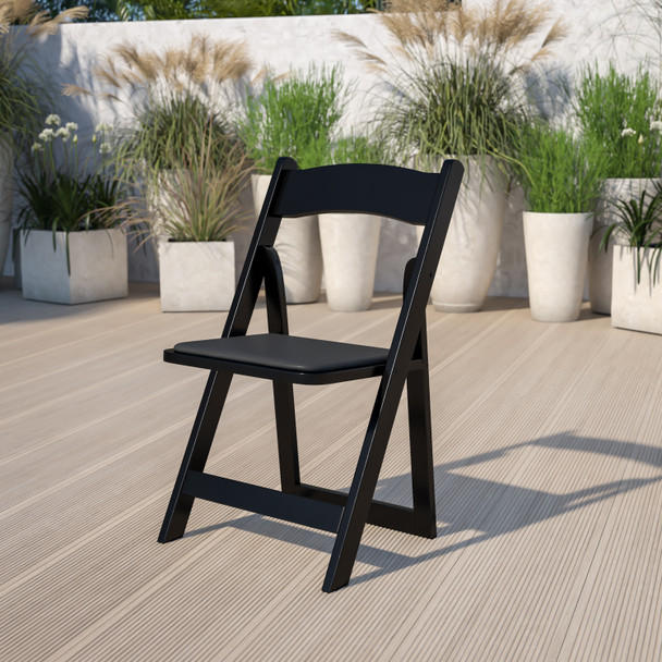 HERCULES Series Black Wood Folding Chair with Vinyl Padded Seat