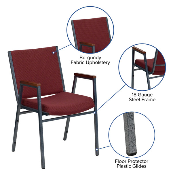 HERCULES Series Heavy Duty Burgundy Patterned Fabric Stack Chair with Arms