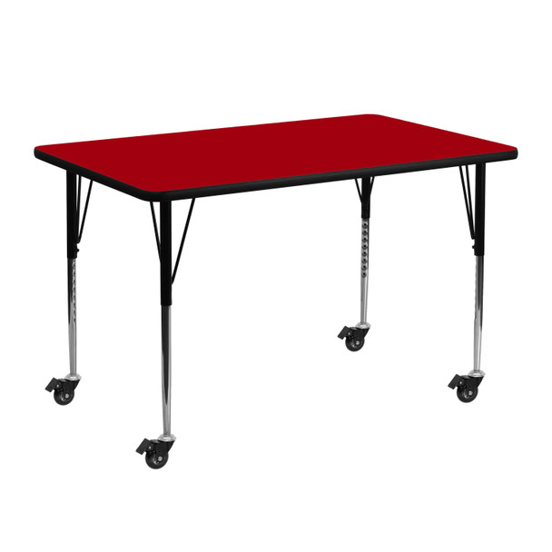 Wren Mobile 24''W x 48''L Rectangular Red Thermal Laminate Activity Table - Standard Height Adjustable Legs