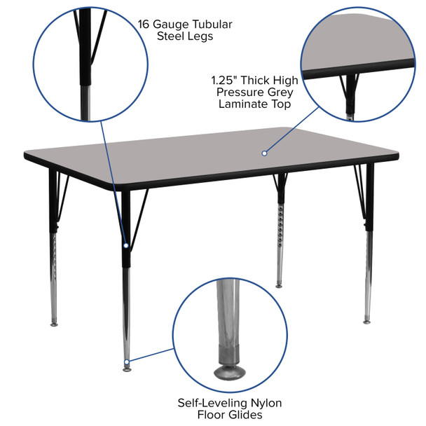 Wren 24''W x 60''L Rectangular Grey HP Laminate Activity Table - Standard Height Adjustable Legs