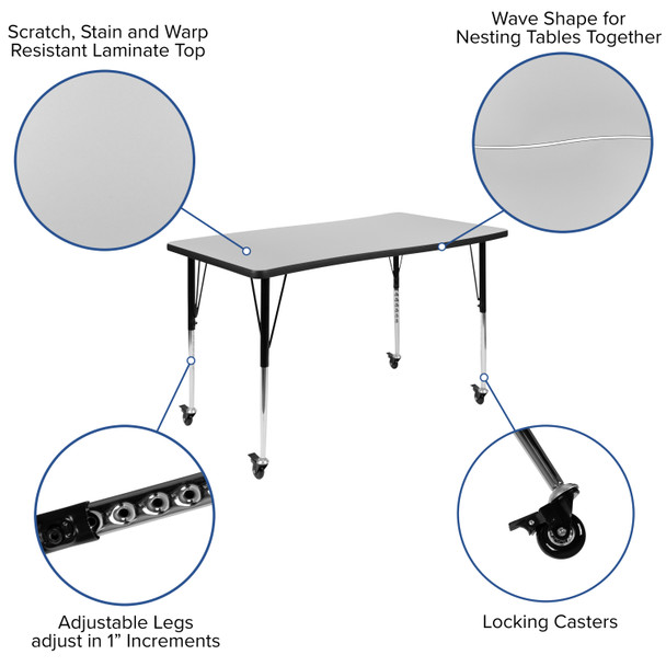 Wren Mobile 28"W x 47.5"L Rectangle Wave Flexible Collaborative Grey Laminate Activity Table-Standard Height Adjust Legs