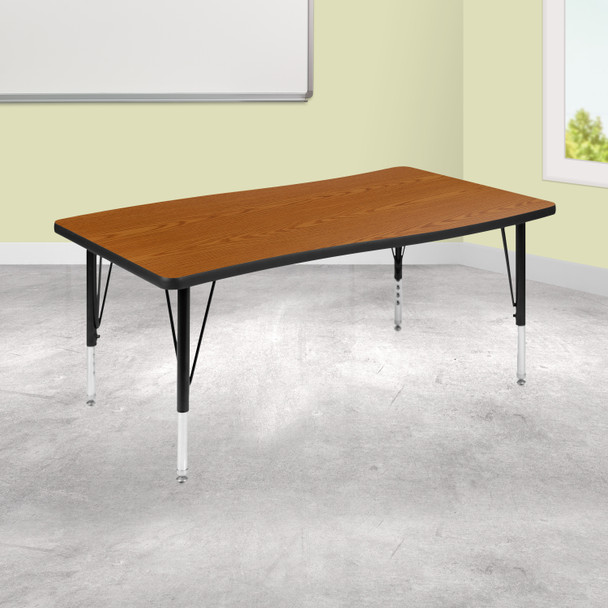 Wren 28"W x 47.5"L Rectangle Wave Flexible Collaborative Oak Thermal Laminate Activity Table - Height Adjust Short Legs