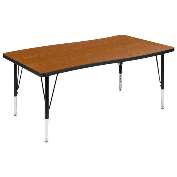 Wren 28"W x 47.5"L Rectangle Wave Flexible Collaborative Oak Thermal Laminate Activity Table - Height Adjust Short Legs