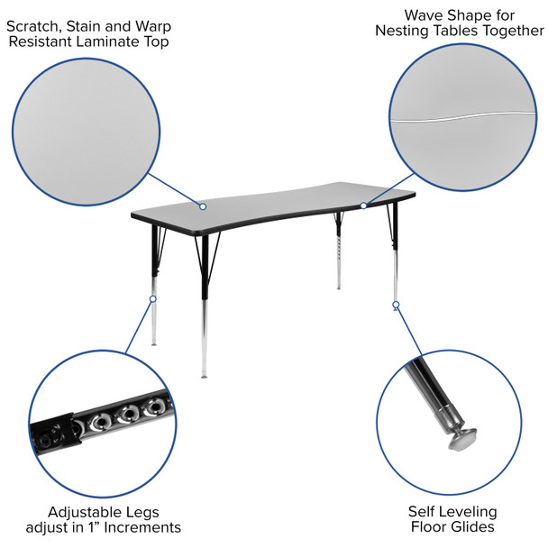 Wren 26"W x 60"L Rectangle Wave Flexible Collaborative Grey Thermal Laminate Activity Table - Standard Height Adjust Legs