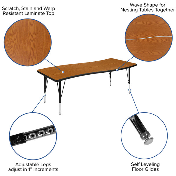 Wren 26"W x 60"L Rectangular Wave Flexible Collaborative Oak Thermal Laminate Activity Table - Height Adjustable Short Legs