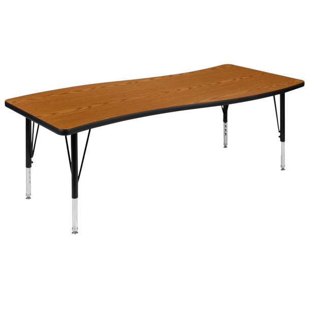 Wren 26"W x 60"L Rectangular Wave Flexible Collaborative Oak Thermal Laminate Activity Table - Height Adjustable Short Legs