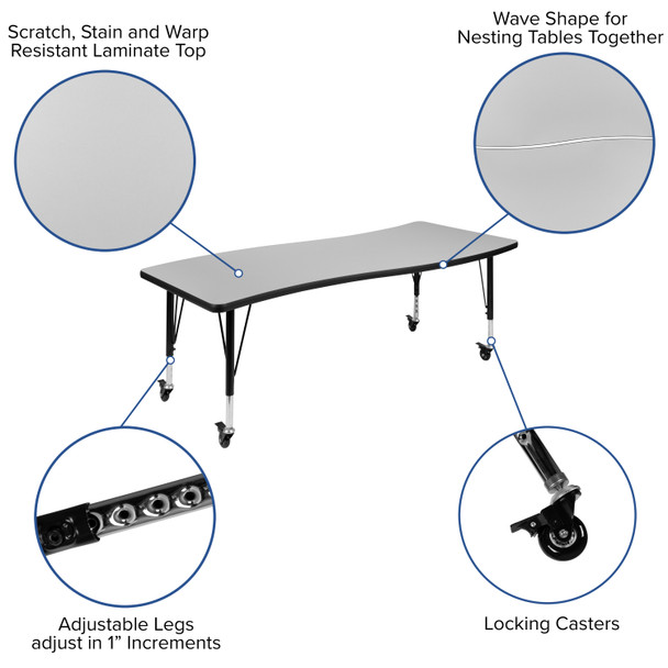 Wren Mobile 26"W x 60"L Rectangle Wave Flexible Collaborative Grey Laminate Activity Table - Height Adjust Short Legs