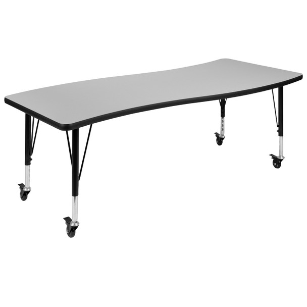 Wren Mobile 26"W x 60"L Rectangle Wave Flexible Collaborative Grey Laminate Activity Table - Height Adjust Short Legs