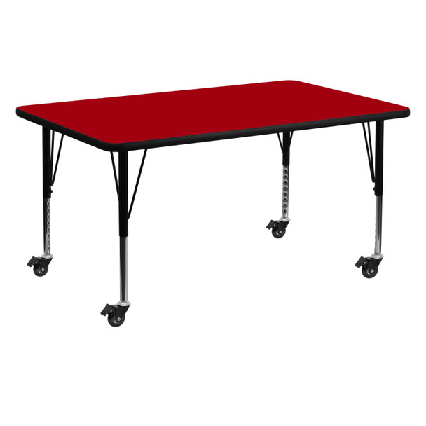 Wren Mobile 30''W x 60''L Rectangular Red Thermal Laminate Activity Table - Height Adjustable Short Legs