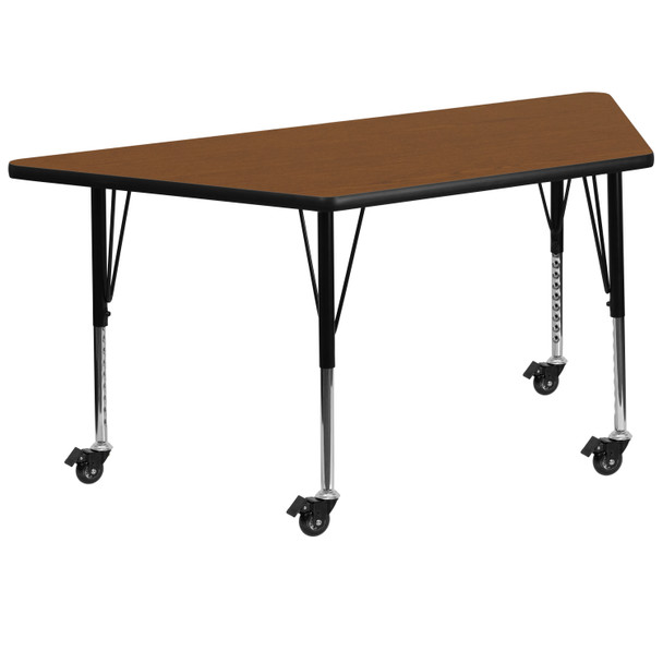 Wren Mobile 29''W x 57''L Trapezoid Oak HP Laminate Activity Table - Height Adjustable Short Legs