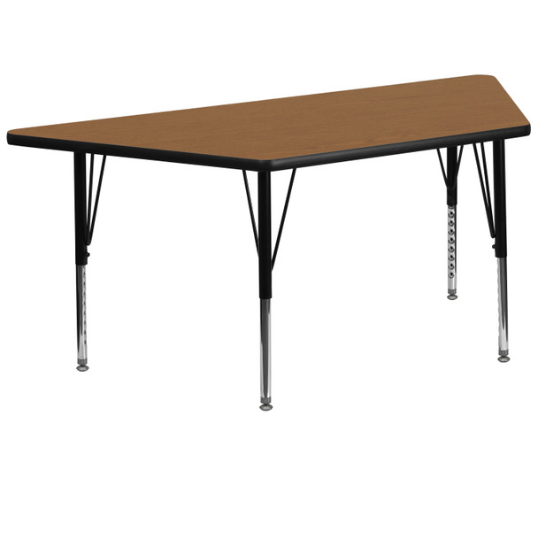Wren 29''W x 57''L Trapezoid Oak Thermal Laminate Activity Table - Height Adjustable Short Legs