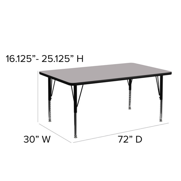 Wren 30''W x 72''L Rectangular Grey Thermal Laminate Activity Table - Height Adjustable Short Legs