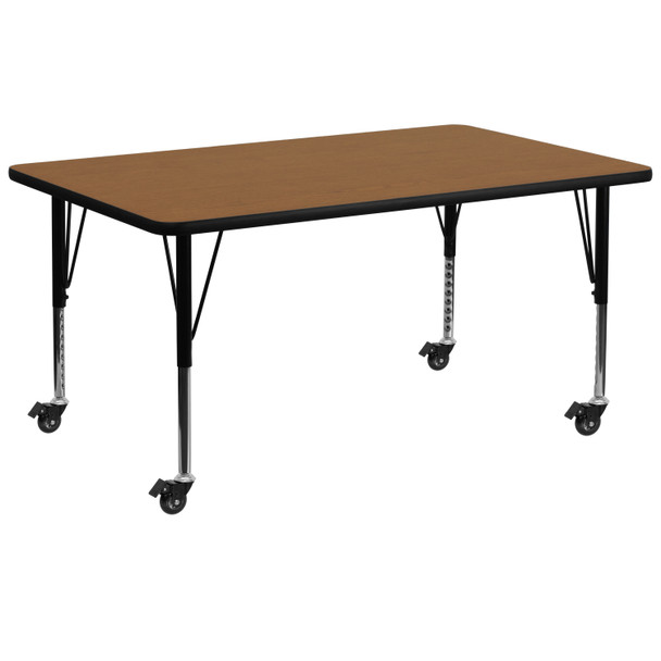 Wren Mobile 30''W x 72''L Rectangular Oak Thermal Laminate Activity Table - Height Adjustable Short Legs