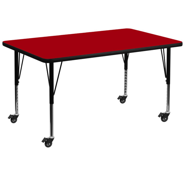 Wren Mobile 36''W x 72''L Rectangular Red Thermal Laminate Activity Table - Height Adjustable Short Legs