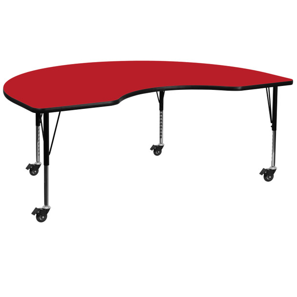 Wren Mobile 48''W x 96''L Kidney Red HP Laminate Activity Table - Height Adjustable Short Legs