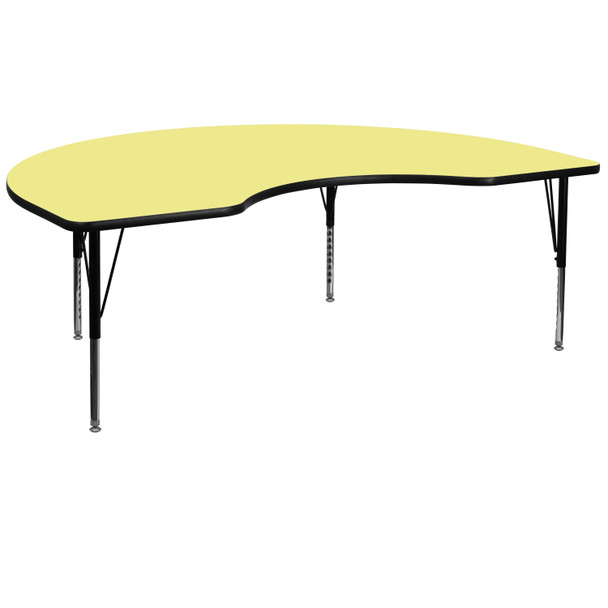 Wren 48''W x 96''L Kidney Yellow Thermal Laminate Activity Table - Height Adjustable Short Legs