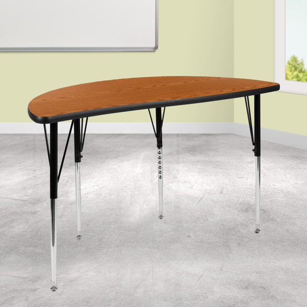 Wren 47.5" Half Circle Wave Flexible Collaborative Oak Thermal Laminate Activity Table - Standard Height Adjustable Legs