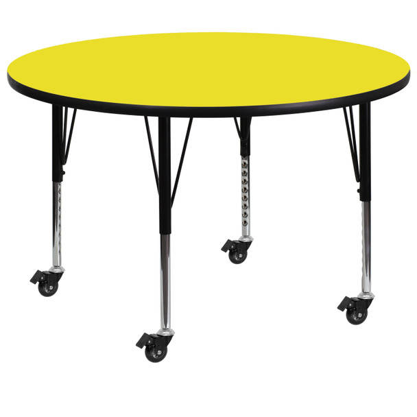 Wren Mobile 48'' Round Yellow HP Laminate Activity Table - Height Adjustable Short Legs