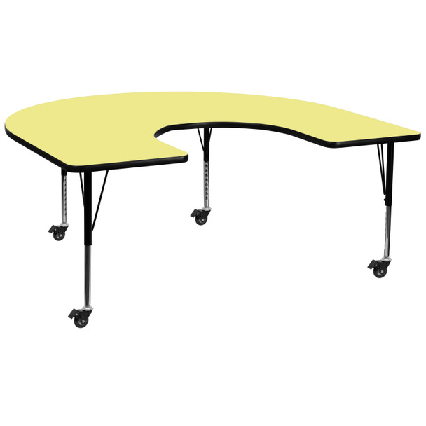 Wren Mobile 60''W x 66''L Horseshoe Yellow Thermal Laminate Activity Table - Height Adjustable Short Legs