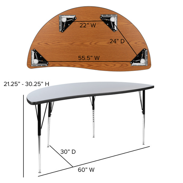 Wren 60" Half Circle Wave Flexible Collaborative Grey Thermal Laminate Activity Table - Standard Height Adjustable Legs
