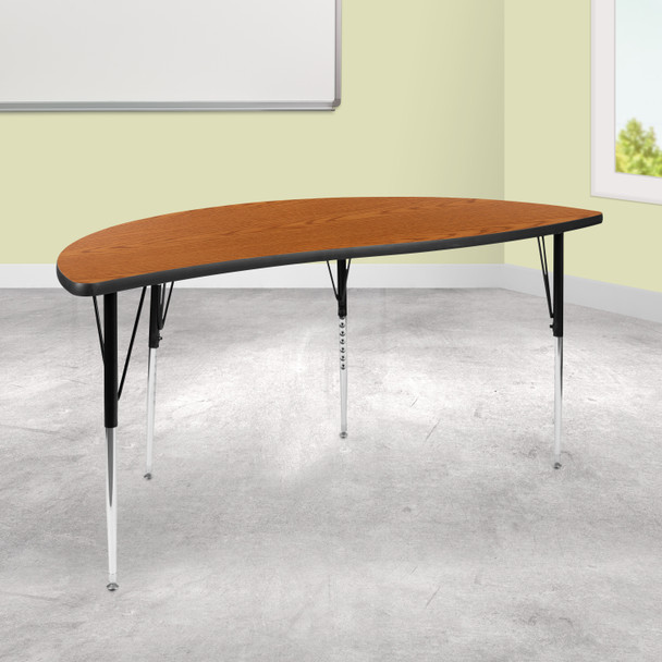 Wren 60" Half Circle Wave Flexible Collaborative Oak Thermal Laminate Activity Table - Standard Height Adjustable Legs