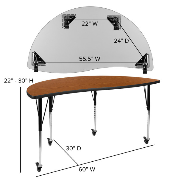 Wren Mobile 60" Half Circle Wave Flexible Collaborative Oak Thermal Laminate Activity Table-Standard Height Adjust Legs