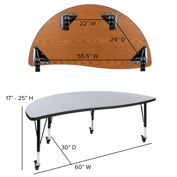 Wren Mobile 60" Half Circle Wave Flexible Collaborative Grey Thermal Laminate Activity Table-Height Adjust Short Legs