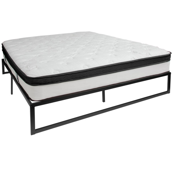Louis 14 Inch Metal Platform Bed Frame with 12 Inch Memory Foam Pocket Spring Mattress in a Box (No Box Spring Required) - King