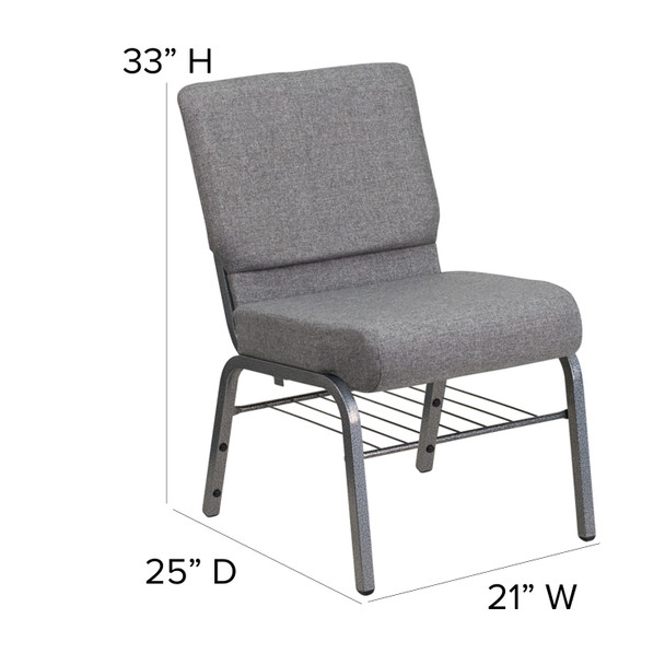 HERCULES Series 21''W Church Chair in Gray Fabric with Book Rack - Silver Vein Frame