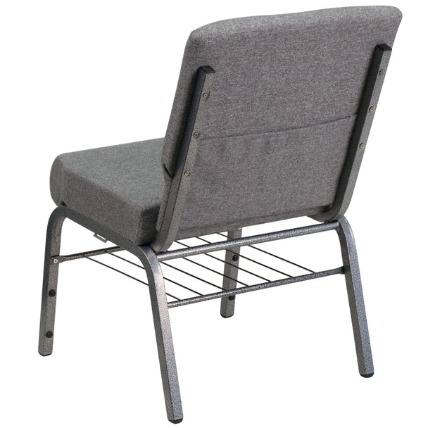 HERCULES Series 21''W Church Chair in Gray Fabric with Book Rack - Silver Vein Frame