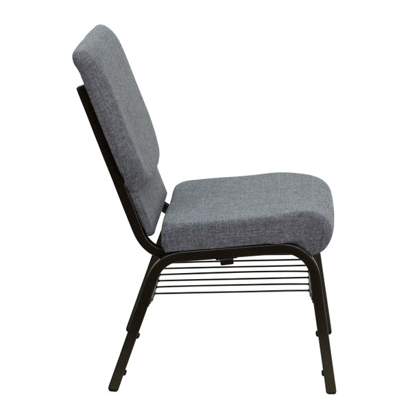 HERCULES Series 18.5''W Church Chair in Gray Fabric with Book Rack - Gold Vein Frame