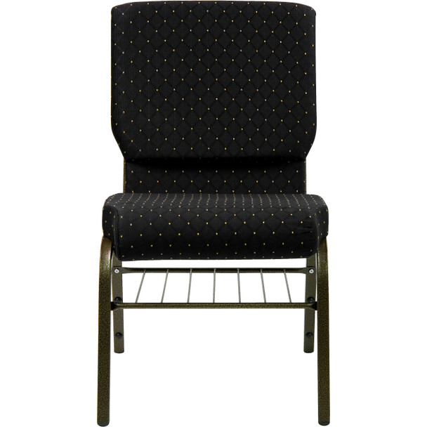 HERCULES Series 18.5''W Church Chair in Black Dot Patterned Fabric with Book Rack - Gold Vein Frame