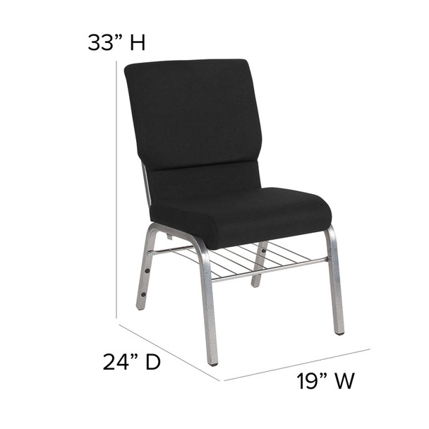 HERCULES Series 18.5''W Church Chair in Black Fabric with Book Rack - Silver Vein Frame