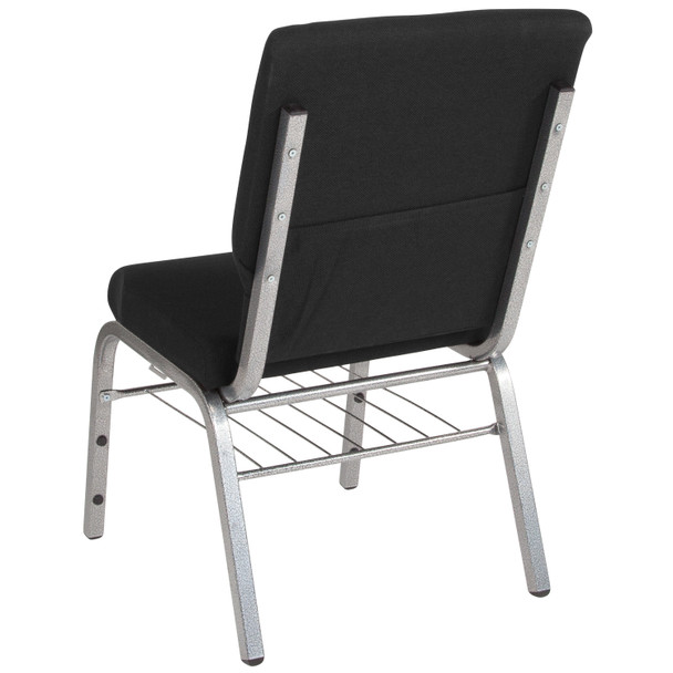 HERCULES Series 18.5''W Church Chair in Black Fabric with Book Rack - Silver Vein Frame