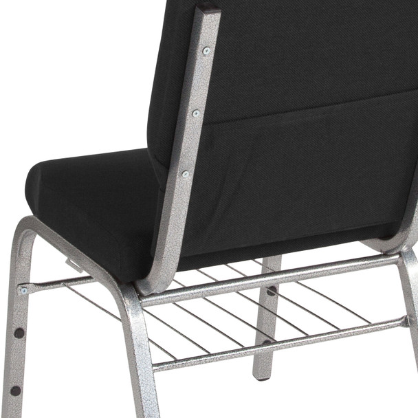 HERCULES Series 18.5''W Church Chair in Black Fabric with Book Rack - Silver Vein Frame