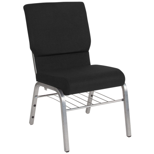 HERCULES Series 18.5''W Church Chair in Black Fabric with Book Rack - Silver Vein Frame