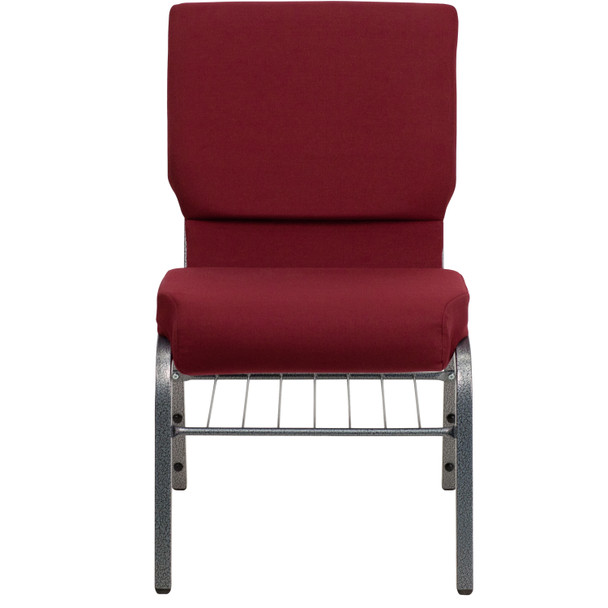 HERCULES Series 18.5''W Church Chair in Burgundy Fabric with Book Rack - Silver Vein Frame