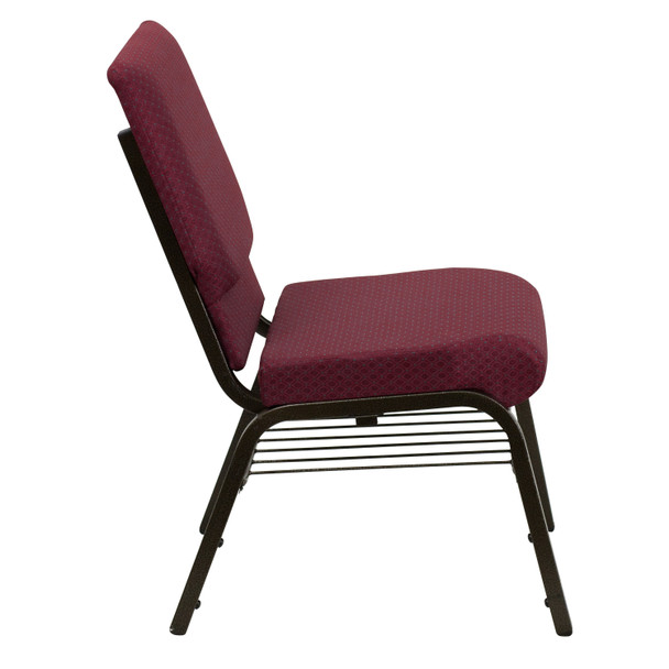 HERCULES Series 18.5''W Church Chair in Burgundy Patterned Fabric with Book Rack - Gold Vein Frame