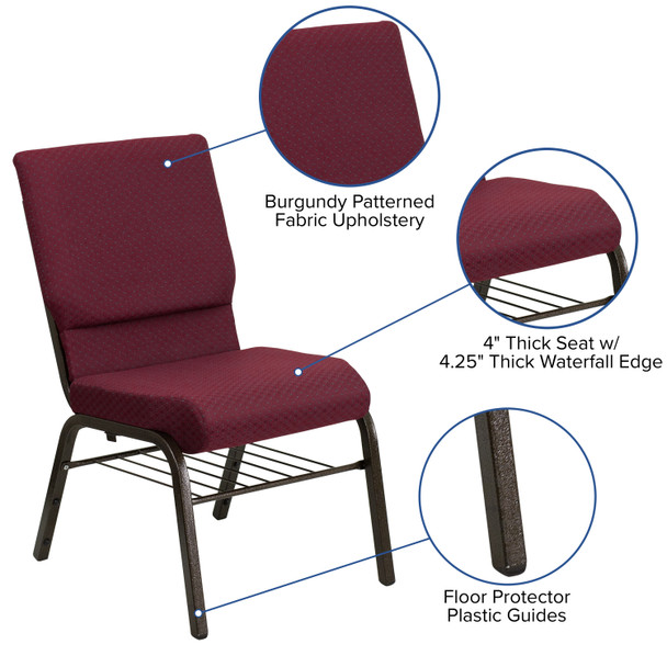 HERCULES Series 18.5''W Church Chair in Burgundy Patterned Fabric with Book Rack - Gold Vein Frame