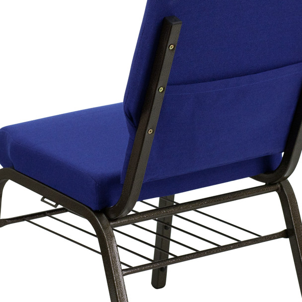 HERCULES Series 18.5''W Church Chair in Navy Blue Fabric with Book Rack - Gold Vein Frame