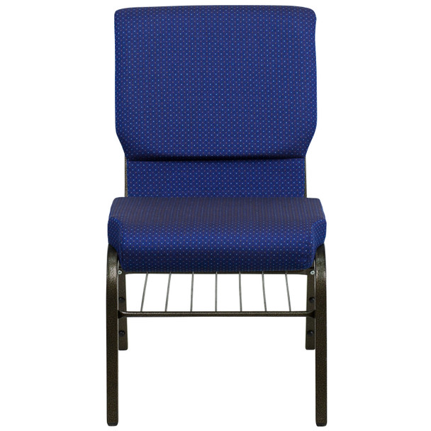 HERCULES Series 18.5''W Church Chair in Navy Blue Patterned Fabric with Book Rack - Gold Vein Frame