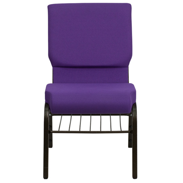 HERCULES Series 18.5''W Church Chair in Purple Fabric with Book Rack - Gold Vein Frame