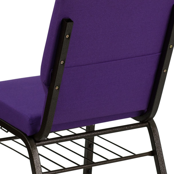 HERCULES Series 18.5''W Church Chair in Purple Fabric with Book Rack - Gold Vein Frame