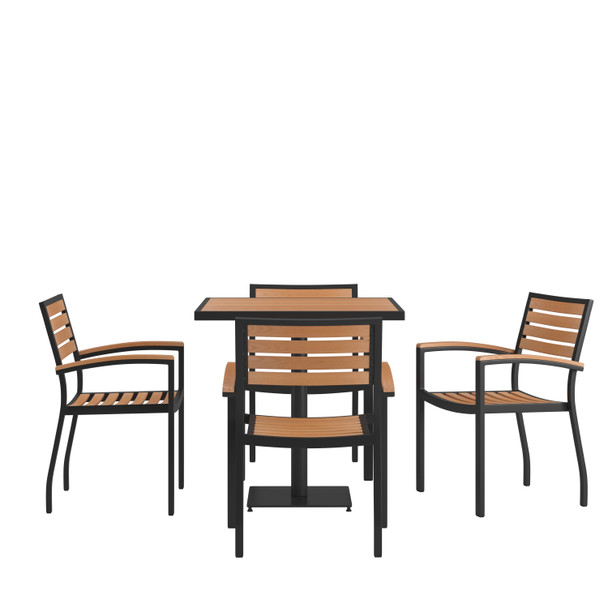 Lark Indoor/Outdoor 5 Piece Patio Dining Table Set - 30" Square Faux Teak Table & 4 Stacking Club Chairs with Teak Accented Arms